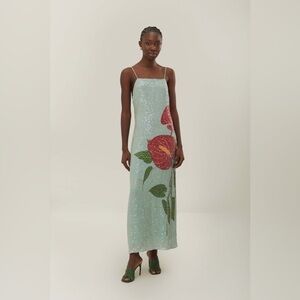 Farm Rio Blue Anthurium Flowers Slip Maxi Dress
